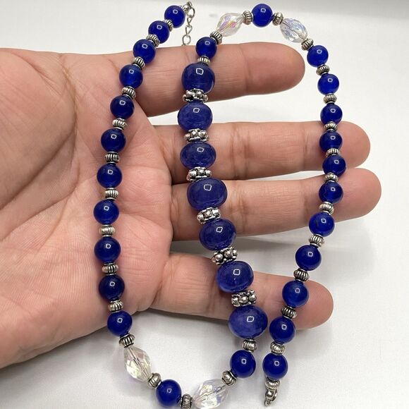 Earth Mined India Blue Gemstone AB Glass Beaded Necklace Elegant Boho Statement - Picture 6 of 7